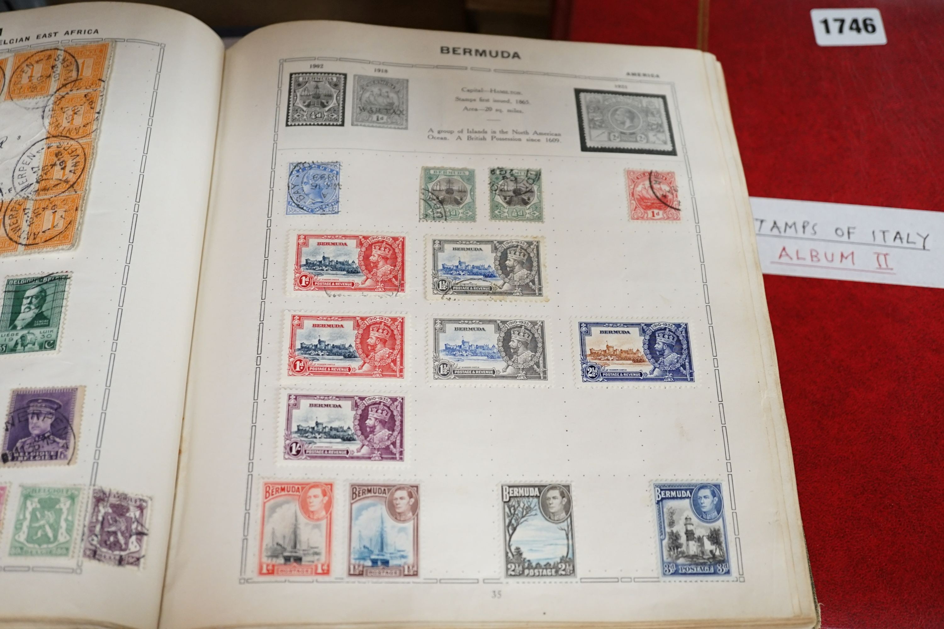 World stamps in 6 albums including Lincoln and Triumph album with G.B. 1841 1d red, browns and 2d blues used, 1d red plate 138 mint block of 6, British Commonwealth, Hong Kong, New Zealand 1858 1sh. emerald green used, S